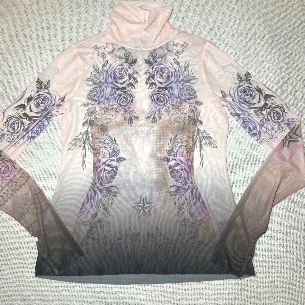 Y2K Mesh Tattoo Top AFRM Turtleneck Top Thumbhole Grunge Gothic size XL